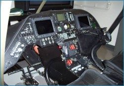 Simulator cockpit interior with instrument panel